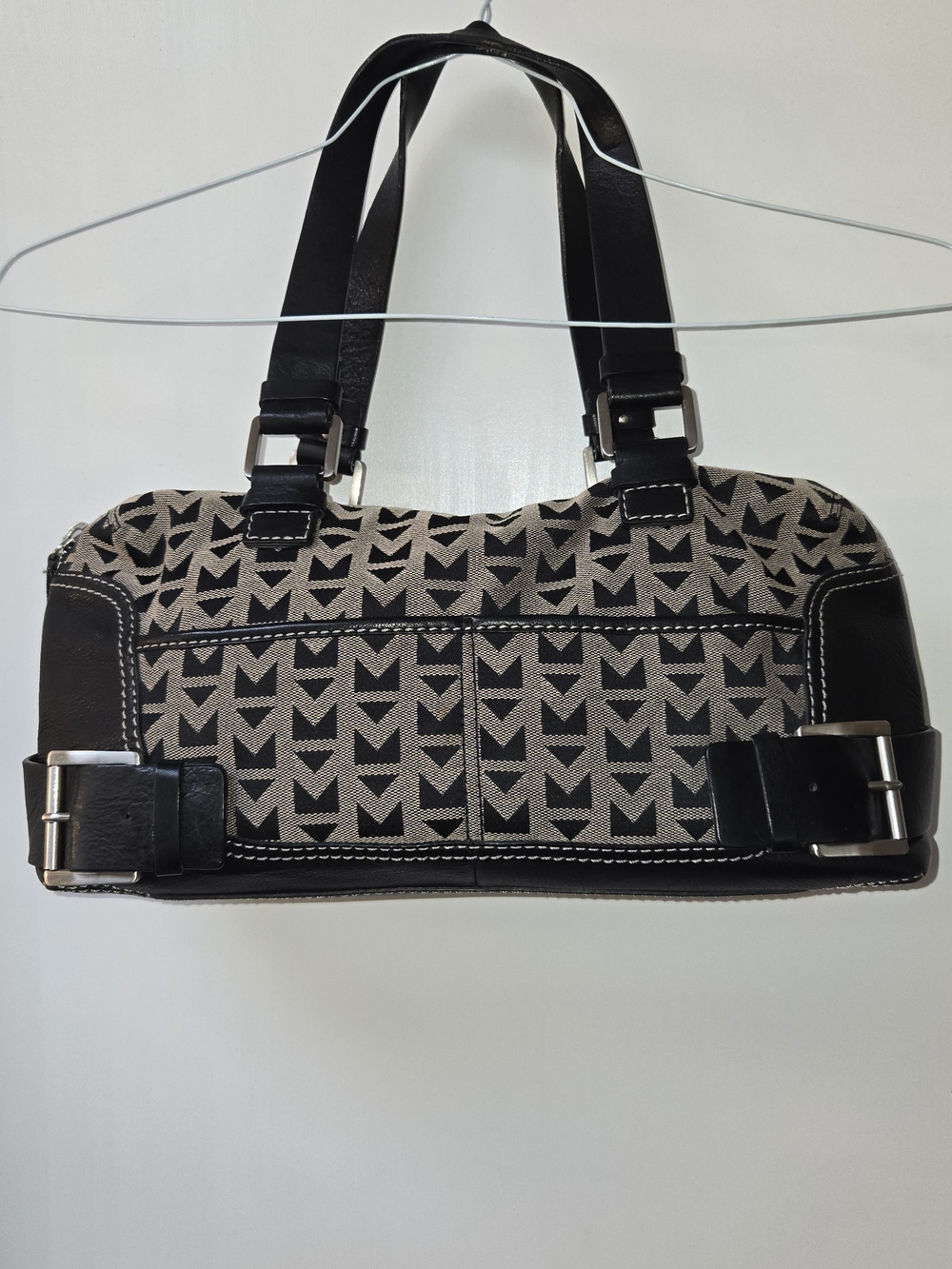 Michael Kors Black & Cream Logo Jacquard Satchel | Leather Trim | Buckle Detail